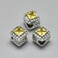925 Sterling Silber European Beads, mit Zirkonia, Großloch perlen, geschnitzt 925, Rhombus, Antik Silber Farbe, Gelb, 8.5x8.5x12 mm, Bohrung: 4 mm, Länge: 11.5 mm