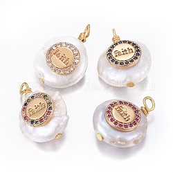 Pendentifs de perles d'eau douce de culture naturelle, pendentifs à message inspirant, avec accessoires zircon cubique micro pave en laiton, pépites avec rond plat, avec le mot foi, or, couleur mixte, 17~26x11~16x5~11mm, Trou: 1.6~2mm
