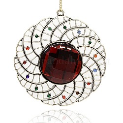 Antique Silver Alloy Acrylic Rhinestone Flat Round Large Pendants, with Colorful Grade A Rhinestone, Dark Red, 71.5x66x7mm, Hole: 2.5mm