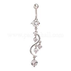 Piercing Jewelry Real Platinum Plated Brass Rhinestone S Shape Navel Ring Belly Rings, Crystal, 63x9mm, Bar Length: 3/8