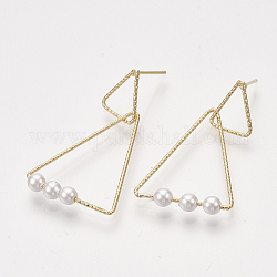 Brass Dangle Stud Earrings, with ABS Plastic Imitation Pearl, Triangle, Real 18K Gold Plated, 35x9mm, Pin: 0.8mm