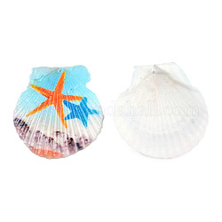 Printed Natural Freshwater Shell Big Pendants, Shell Charm, Colorful, Starfish Pattern, 55~75x52~70x6~8mm, Hole: 1.4mm
