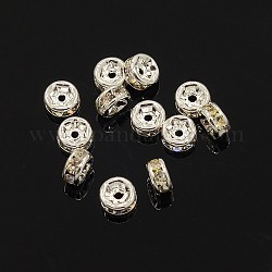 Brass Rhinestone Spacer Beads, Grade AAA, Straight Flange, Nickel Free, Silver Color Plated, Rondelle, Crystal, 4x2mm, Hole: 1mm