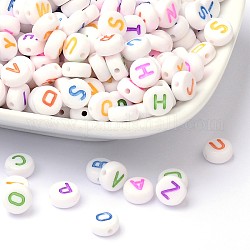 Initial White Acrylic Beads, Flat Round with Mixed Color Letter, 7x4mm, Hole: 1.3mm