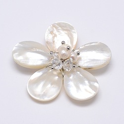 Coquille blanche naturelle nacre coquille fleur gros pendentifs, accessoires en laiton plaqué platine avec perle nacrée et perles de verre rondelles facettées, clair, 43~46x14mm, Trou: 4x7mm