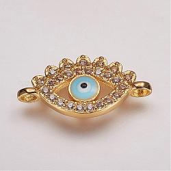 Brass Micro Pave Cubic Zirconia Links, with Enamel, Evil Eye, Golden, 21.5x11x3.3mm, Hole: 1.5mm