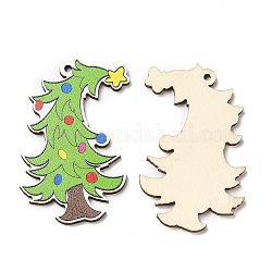 Single Face Christmas Printed Wood Big Pendants, Christmas Tree Charms, Lime Green, 55x40x2.5mm, Hole: 2mm