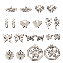 Fashewelry 20Pcs 10 Style 304 Stainless Steel Pendants, Butterfly & Leaf & Flower & Flat Round & Polygon, Stainless Steel Color, 9.5~29x6~25x1.5~3.5mm, Hole: 0.1~3.5x0.1~4mm, 2pcs/style