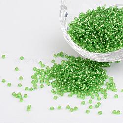 Perline di semi di vetro trasparenti di grado 11/0, foro tondo argento rivestito, tondo, verde lime, 2x1.5mm, Foro: 0.3 mm, circa 3000pcs/50g