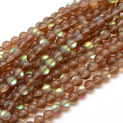 Chapelets de perles en pierre de lune synthétique, perles holographiques, demi couleur ab plaqué, mat, ronde, café, 6mm, Trou: 1mm, Environ 60 pcs/chapelet, 15 pouce