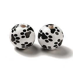 Zampa di cane stampata perline europee di legno rotonde, perline con foro grande, bianco, 16mm, Foro: 4 mm