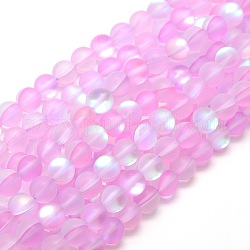 Chapelets de perles en pierre de lune synthétique, perles holographiques, demi couleur ab plaqué, mat, ronde, perle rose, 10mm, Trou: 1mm, Environ 37 pcs/chapelet, 15 pouce