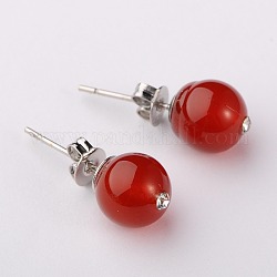 Pierres précieuses perles rondes balle boucles d'oreille, avec composants de boucles d'oreille en laiton plaqué platine et strass de verre, agate rouge, 8mm, pin: 0.6 mm
