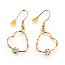 Ion Plating(IP) 304 Stainless Steel Dangle Earrings, with Rhinestone, Heart, Golden, Crystal, 47mm, Heart: 27.5x22x4mm, Pin: 0.7mm