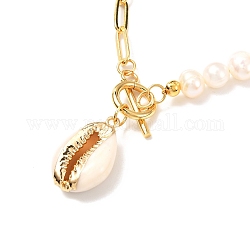 Electroplate Cowrie Shell Pendant Necklace for Girl Women, Golden Brass Paperclip Chain Necklace, Natural Pearl Beads Necklace, White, 18.78 inch(47.7cm)