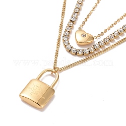 Crystal Rhinestone Heart & Word Love You Padlock Charms Triple Layer Necklace, Ion Plating(IP) 304 Stainless Steel Curb & Cup Chains Necklace for Women, Golden, 14.96 inch(38cm)