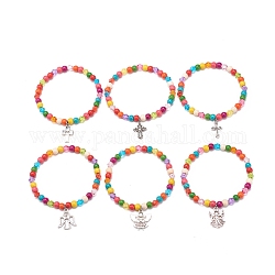 6Pcs 6 Style Synthetic Turquoise(Dyed) & Acrylic Beaded Stretch Bracelets Set, Fairy & Cross Alloy Charms Bracelets for Women, Colorful, Mixed Patterns, Inner Diameter: 2-1/8 inch(5.5cm), 1Pc/style