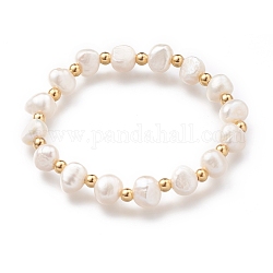 Stretch Beaded Bracelets, with 304 Stainless Steel Round Beads and Shell Pearl Beads, Seashell Color, Golden, Inner Diameter: 1-7/8 inch(4.7cm)
