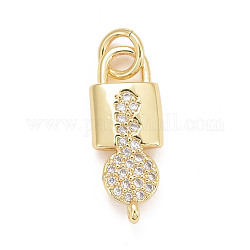 Eco-Friendly Brass Micro Pave Cubic Zirconia Pendants, with Jump Ring, Long-Lasting Plated, Lead Free & Cadmium Free, Lock and Key, Real 24K Gold Plated, 17.5x7x2.5mm, Jump Ring: 5x1mm, 3mm inner diameter