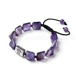 Bracelets de perles tressées naturelles améthyste, bracelet en nylon avec nœud carré, avec les accessoires en alliage, rectangle avec arbre, 1-3/4 pouce ~ 3-1/8 pouces (4.6~8 cm)
