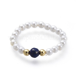 Anelli elastici con pietre preziose naturali di lapislazzuli, con perle di conchiglia rotonde e perle di ottone, oro, misura degli stati uniti 7 1/4 (17.5mm)