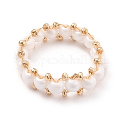 Round Glass Seed Beaded Finger Rings, with Real 18K Gold Plated Copper Wire, White, US Size 10 3/4(20.3mm)
