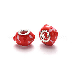 Perles européennes vernissées manuelles, cahoteuse, perles de rondelle avec grand trou , en laiton de tonalité de platine noyaux doubles, rondelle, rouge, 14~15x9~10mm, Trou: 5mm