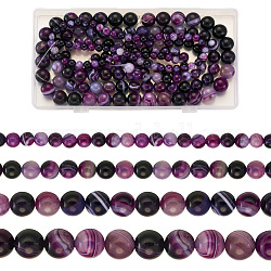4 Stränge 4 Stil natürliche gestreifte Achat/gebänderte Achat-Perlenstränge, Runde, gefärbt und erhitzt, Klasse A, lila, 1strand / style