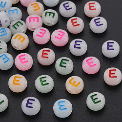 Acrylic Beads, Glow in the Dark, with Enamel and Luminous, Horizontal Hole, Flat Round with Alphabet, Letter.E, 6.5x7x4mm, Hole: 1.6mm, about 3600pcs/500g