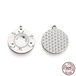 925 Sterling Silver Pendants, Flat Round with Word Love Charms, for Valentine's Day, Silver, 14x12x1.3mm, Hole: 0.9mm