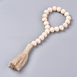 Pine Wood Bead Garlands, with Hemp Rope Tassels, Wooden Bead String Wall Hanging, for Home Decoation, Blanched Almond, 28cm