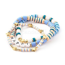 Ensembles de bracelets extensibles en perles d'argile polymère faites à la main, avec des perles en laiton et des perles en émail acrylique, heureux, bleu ciel, diamètre intérieur: 2-1/8 pouce (5.5 cm), 3 pièces / kit