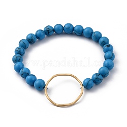 Bracelets ronds en perles extensibles synthétiques turquoise (teints), bracelets fins et chaînes, avec anneau de liaison en alliage plaqué or mat, diamètre intérieur: 2-3/8 pouce (6.2 cm)