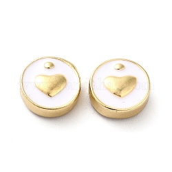 Rack Plating Alloy Enamel Beads, Flat Round with Heart, Golden, White, 10~10.5x4.5mm, Hole: 1.5mm