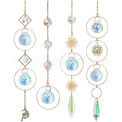 4Pcs Metal Ring & Sun Hanging Ornaments Set, Rainbow Maker, Teardrop/Cone Glass Tassel Suncatchers for Home Garden Decoration, Colorful, 400~500mm