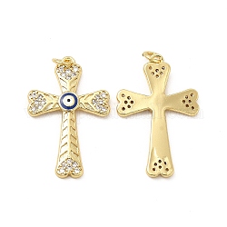 Ottone micro spianare pendenti zirconi, con malocchio smaltato e anello di salto, fascino croce di religione, oro, blu royal, 30x19.5x3mm, Foro: 3.3 mm