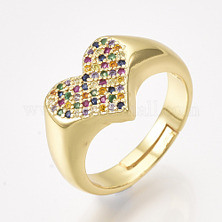 Adjustable Brass Micro Pave Cubic Zirconia Finger Rings, Heart, Golden, Size 7, 17mm