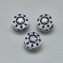 Perles européennes en 925 argent sterling, avec zircons, Perles avec un grand trou   , creux, plat rond, bleu clair, argent antique, 11.5x10.5mm, Trou: 4.5mm