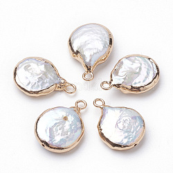 Colgantes de perlas keshi de perlas barrocas naturales electrochapadas, perla cultivada de agua dulce, con fornituras de hierro, plano y redondo, dorado, 16~22x13~16x4~8mm, agujero: 1.8 mm