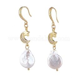 Natural Baroque Pearl Keshi Pearl Dangle Earrings, with Golden Plated Brass Micro Pave Cubic Zirconia Links, Brass Earring Hooks and Cardboard Packing Box, Moon and Star, White, 50mm, Pin: 0.7mm