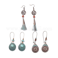3 Pairs 3 Style Alloy Flat Round & Oval & Teardrop Dangle Earrings with Synthetic Turquoise, Big Cotton Tassel Drop Earrings with Wood for Women, Red Copper, 72~100mm, 1 Pair/style