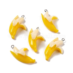 Undurchsichtige Harzanhänger, Imitation Lebensmittel, mit platinfarbenen Eisenschlaufen, Banane, golden, 35x19x12 mm, Bohrung: 2 mm