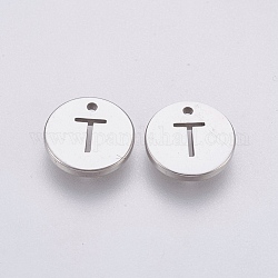 304 charms in acciaio inox, piatta e rotonda con la lettera, colore acciaio inossidabile, letter.t, 10x1mm, Foro: 1 mm