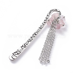 Tibetan Style Alloy Bookmarks, with Natural Rose Quartz Chip Beads and Brass Cable Chains, 79.5mm