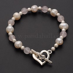 Attrayants bracelets en perles de pierres précieuses naturelles, avec perles nacrées, perles de laiton et alliage de coeur fermoirs à bascule, quartz rose, 185mm