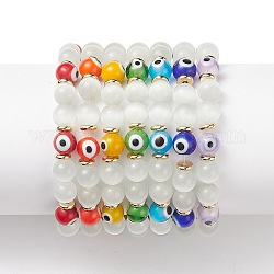 7 stücke 7 farbe cat eye & Bunte Malerei böser blick runde perlen stretch-armbänder, glückliche stapelbare Armbänder für Frauen, Mischfarbe, Innendurchmesser: 1-7/8 Zoll (4.8 cm), 1 Stück / Farbe