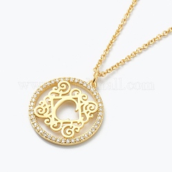 Brass Micro Pave Clear Cubic Zirconia Pendant Necklaces, Flat Round with Letter, Real 18K Gold Plated, Letter.C, 16.14~17.20 inch(41~43.7cm)