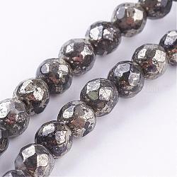 Chapelets de perles de pyrite naturelle , ronde, facette, 10mm, Trou: 1mm, Environ 20 pcs/chapelet, 8 pouce