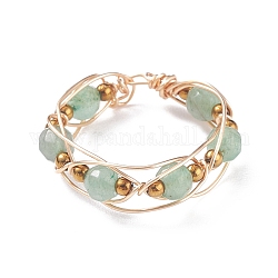 Round Natural Green Aventurine Braided Bead Finger Ring with Glass, Copper Wire Wrap Jewelry for Women, Golden, US Size 8 1/2(18.5mm)
