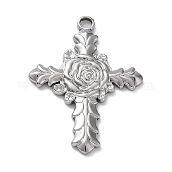 304 Stainless Steel Pendants, Cross with Rose Charm, Stainless Steel Color, 35x25x2mm, Hole: 2.8mm